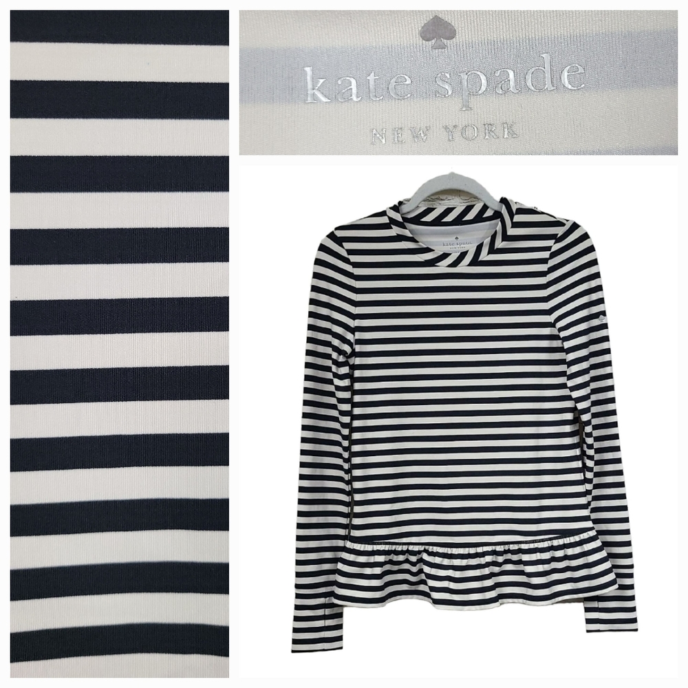 KATE SPADE NEW YORK Stripe Ruffle Long-sleeve Pullover Top In Black Cream